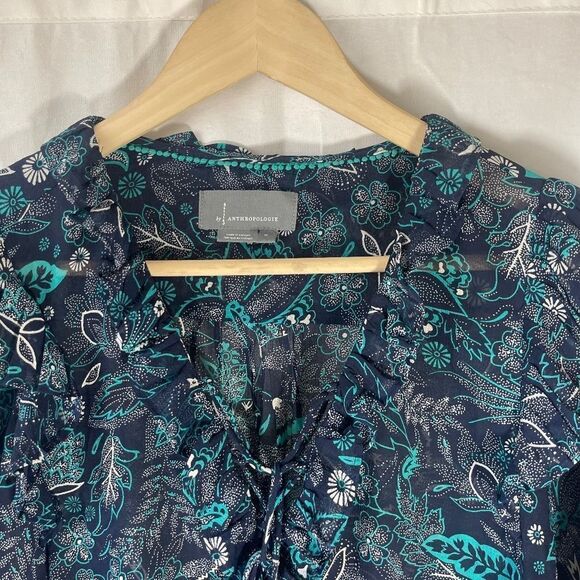 By Anthropologie Haida Blue/Green Ruffle Trim Floral Peasant Blouse Sz M - Picture 3 of 6